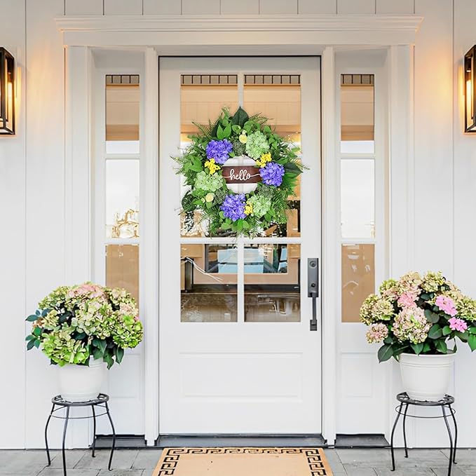 24” Spring Summer Wreaths for Front Door, Greenery Front Door Wreath with Hello Sign for Indoor Outdoor Porch Window Wall, Artificial Floral Wreath with Hydrangeas Berries for Home Decor