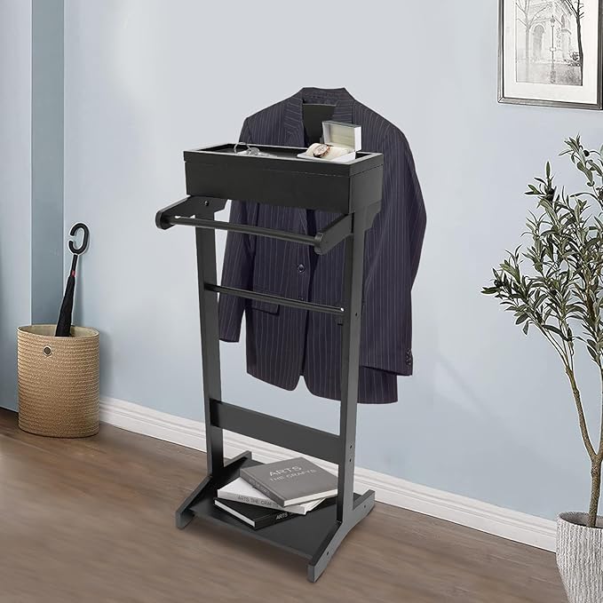 Wood Suit Valet Stand for Men, Clothes Organizer with Drawer, Accessory Tray, and Trouser Bar, Freestanding Suit Stand for Bedroom and Closet Organization, Black