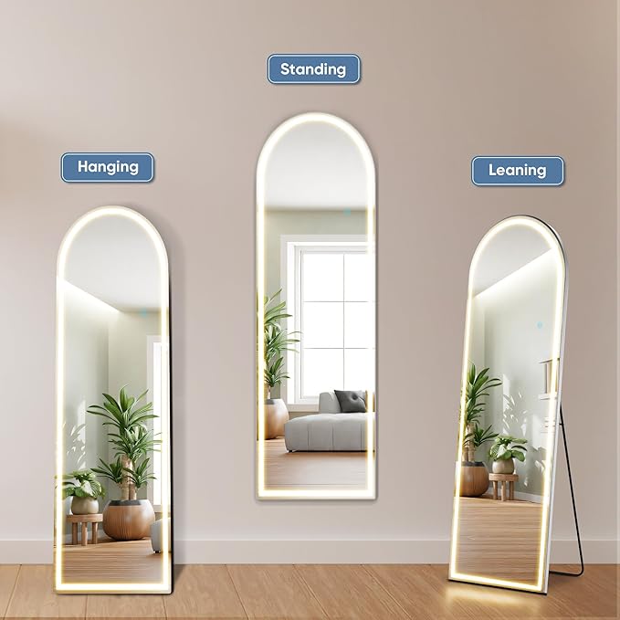 DUMOS Arched LED Mirror Full Length with Stand, 16"x60" Full Body Wall Mirror with LED Lights 3 Color Lighting, Hanging or Leaning, Floor Standing, Modern Simple Home Wall Decor