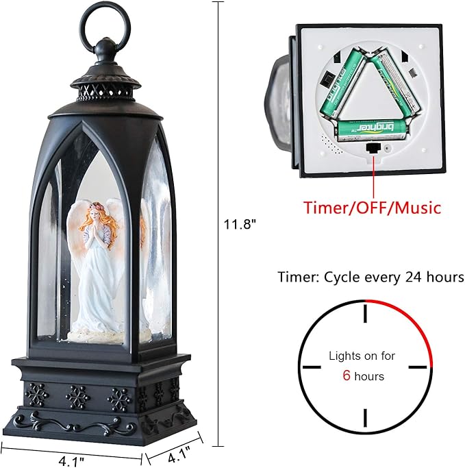 Eldnacele 12” Christmas Snow Globe Lantern Angel with Music & Timer, USB Lined/Battery Operated Lighted Water Glittering Nativity Lantern for Christmas Festival Centerpiece Decoration Gifts – Angel