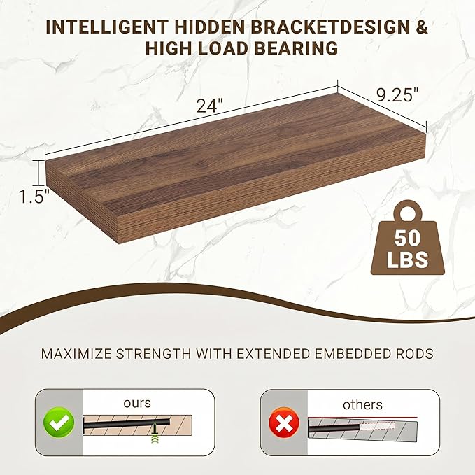Acovy 24 Inch Floating Shelves, 24"x9.25"x1.5" Inch Deep Floating Shelves for Wall, Wooden Shelves for Bathroom, Bedroom, Living Room, Walnut, 2 Pieces