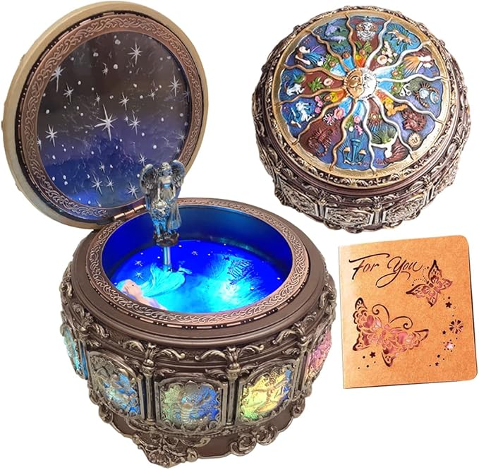 Briskfeel Music Box with Sun & Zodiac Signs, Rotating Goddess, Plays You Are My Sunshine, with 18-Note Sankyo Movement, LED Light Up Base, Musical Jewelry Box, Birthday & Christmas Gift (A1 Sun)