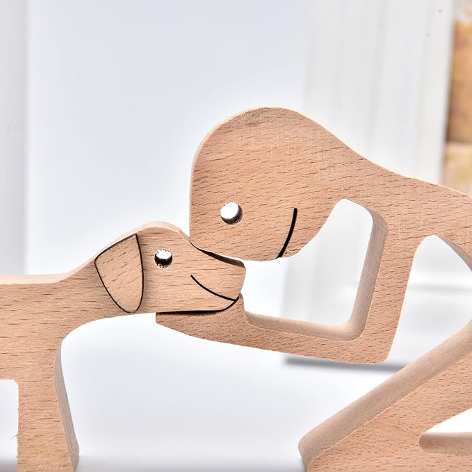 ISHINE Wood Decor Wooden Statue Man and Dog Figurine Handmade Carved Creative Home Office Gift for Men Women Accents Decoration Natural ECO Friendly 7x3 inches (A-Man Kisses Dog)