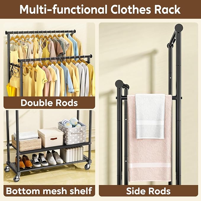 Rolling Clothes Rack with Doule Rod for Hanging, Heavy Duty Metal Garment Rack Load 450 LBS with Lockable Wheel, Free Standng Clothing Rack with 2 Shelves and Side Hooks for Home Commercial, Black
