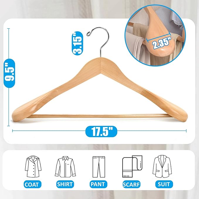 Amber Home 6 Pack Wide Shoulder Wooden Suit Hangers, Natural Wood Coat Hangers with Non Slip Pants Bar, Clothes Hangers for Jackets, Sweaters, Pants & Heavy Clothes (Natural, 6 Pack)