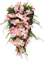belupai 21.6in Artificial Flower Teardrop Swag, Decorative Swag with Green Leaves and Fake Flowers, Faux Tulips Floral Swag for Spring Summer Indoor Outdoor Window Decor (Pink)