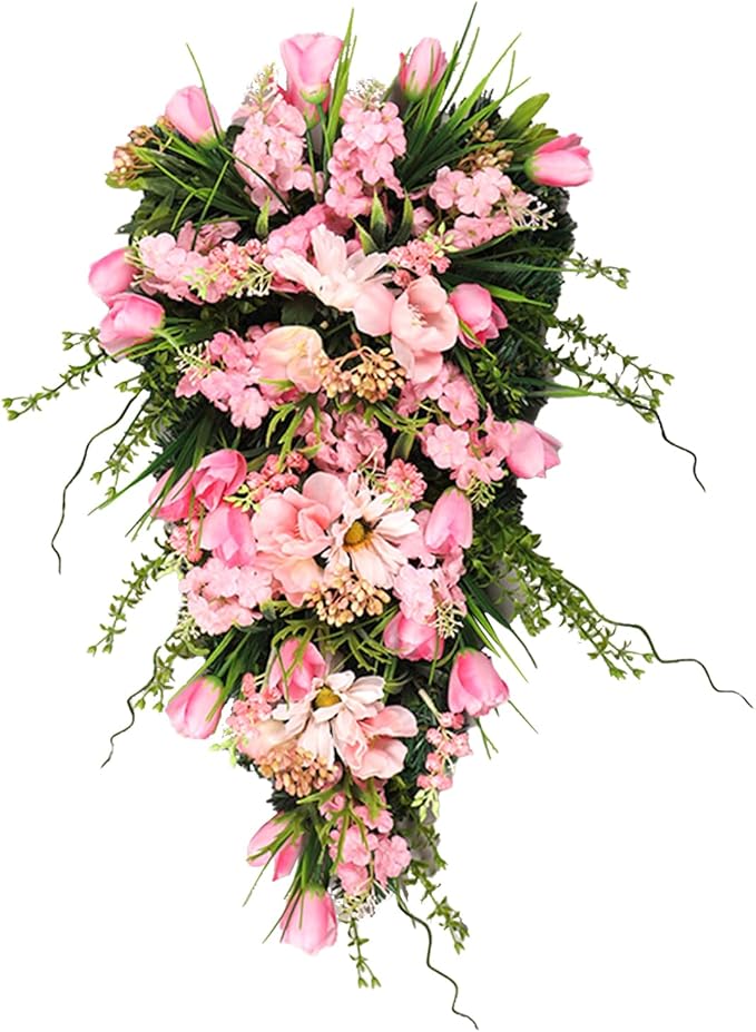 belupai 21.6in Artificial Flower Teardrop Swag, Decorative Swag with Green Leaves and Fake Flowers, Faux Tulips Floral Swag for Spring Summer Indoor Outdoor Window Decor (Pink)