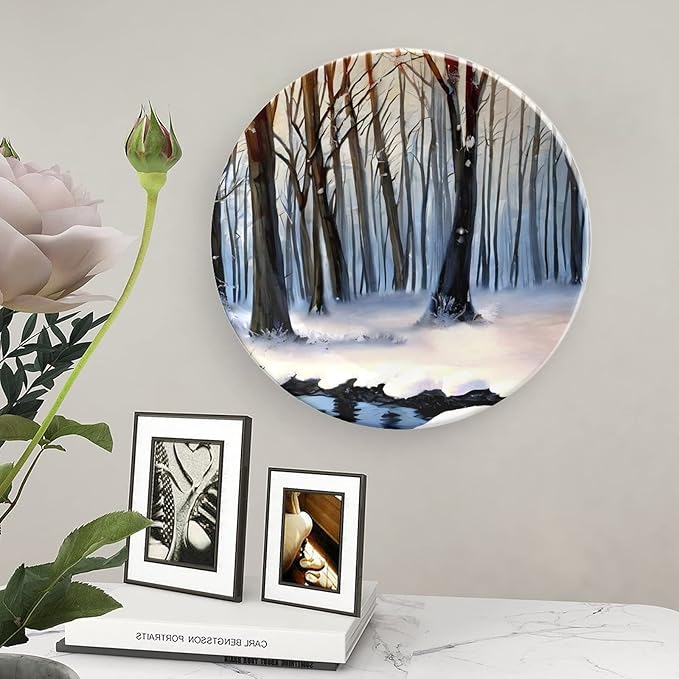 Decorative Plates for Home, Winter Forest in Snow Painting Orange Tray for Table Display, Ceramic Dinner Plate w/Stand, Living Room Dining Room Decor, Housewarming Gifts, 8 Inch