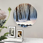 Decorative Plates for Home, Winter Forest in Snow Painting Orange Tray for Table Display, Ceramic Dinner Plate w/Stand, Living Room Dining Room Decor, Housewarming Gifts, 8 Inch