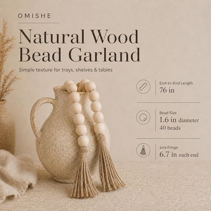 OMISHE 76" Long Extra Large Wood Bead Garland with 1.6" Diameter Wooden Beads and Tassels, Rustic Farmhouse Country Decorative Beads for Home Tiered Tray Decor, Natural Beige