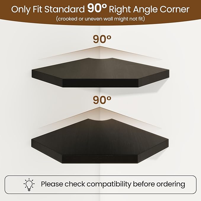 Fun Memories Corner Shelf Wall Mount Set of 2 - Solid Oak Wood Floating Corner Shelf with Cable Hole, 7in Rustic Design for Bedroom, Living Room, Kitchen (Black)