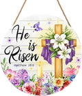 Harooni Easter Decorative Sign, 12x12in Modern Wooden Door Mount, Pastel, Bright, He is Risen, Twine, Rope