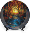 Stained Glass Theme Decorative Ceramic Plate Round Porcelain Plate,6 inch,Sunset Forest Stream Pattern,for Decorative Ornaments Giving Plates, 1 Plate with 1 Display Stand,Orange Blue