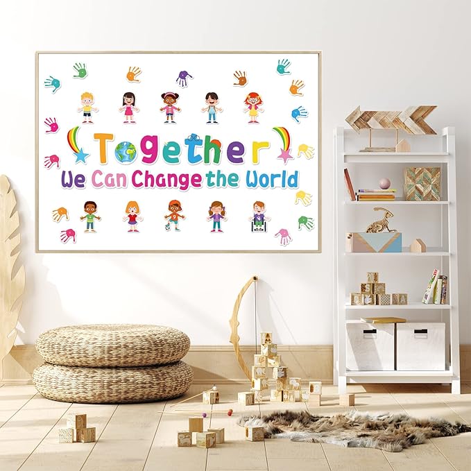 Together We Can Change The World Classroom Bulletin Board Set Decorations Back to School Bulletin Board Hands with Hearts Diverse Children Cutouts for Kids and Teacher Classroom School Supplies Decor