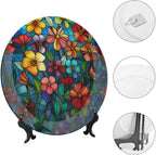 Stained Glass Theme Decorative Ceramic Plate Round Porcelain Plate,7 inch,Colorful Flowers Pattern,for Decorative Ornaments Giving Plates, 1 Plate with 1 Display Stand,Multicolor