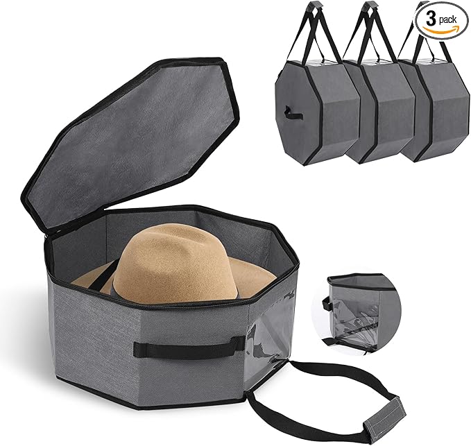 Garvee 3-Pack Grey Collapsible Hat Storage Boxes with Handles and Shoulder Strap – Large Dustproof Organizer for Cowboy, Fedora & Sun Hats – Portable Travel and Home Storage, 42×42×19cm, Grey