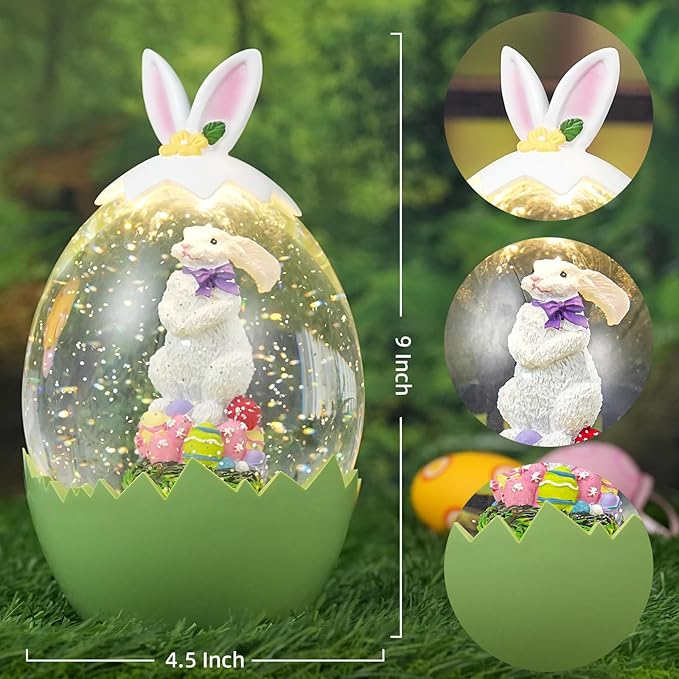 Easter Bunny Decor Snow Globe with 6-Hour Timer, Glittering Rabbit with Egg Lantern, USB/Battery Operated, Spring Home Decor for Office Party Decoration, Green