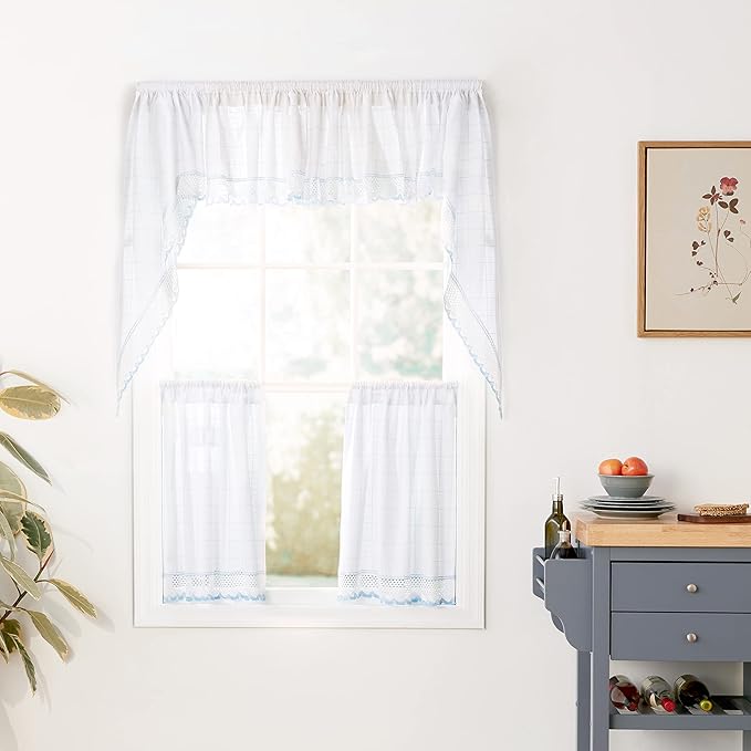 Sweet Home Collection 5 Pc Kitchen Curtain Set-Valance Swag Choice of 24" or 36" Tier Pair, Adirondack White/Blue
