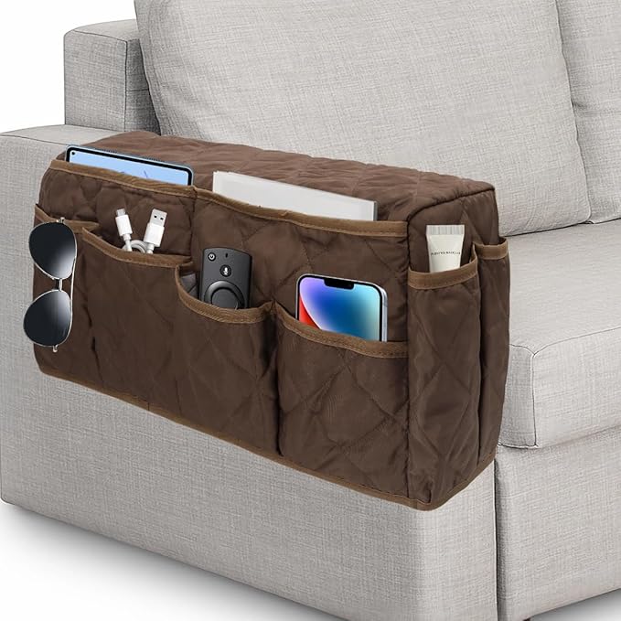 Remote Control Holder, Non Slip Bedside Armchair Caddy, Recliner Arm Caddy Armrest Organizer with 14 Pockets for Cell Phone TV Remote Control Magazines