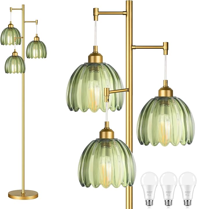 QIYIZM Gold Floor Lamp for Living Room,Bedroom,Mid Century Modern Standing Lamp Brass Tree 3 Light Tall Floor Lamps Vintage Retro Floor Lights Glass Green Flower Lamp Shade Farmhouse Boho Bohemian