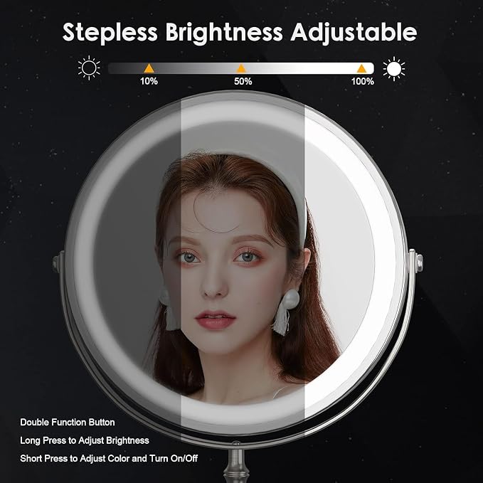 DEIOVWXS Makeup Mirror, 3000mAh Rechargeable Double-Sided Magnifying Vanity Mirror with 3 Colors, 1X/10X, Adjustable Brightness, Gifts for Mom, Mothers Day, Women, Wife, Girls, Dorm Room Essential