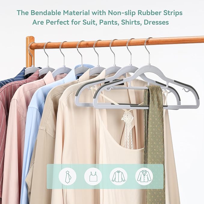 50-Pack Heavy Duty Coat Hangers, Non-Slip, 0.2'' Slim, 360° Swivel Hook, 16.5 Inches Wide, Space-Saving Plastic Clothes Hangers for Suit, Shirt & Pants, Light and Dark Gray