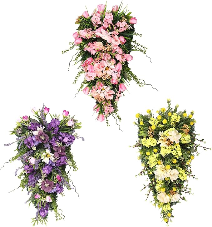 21.65In Spring Teardrop Swag, Artificial Floral Swag with Green Leaves, Easter Teardrop Wreath Front Door Swag, Decorative Teardrop Garland for Front Door Porch Wall (A)