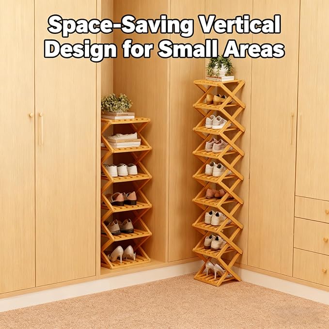 The 9-Tier No-Assembly Bamboo Rack, 2026 Upgraded Foldable Bamboo Shoe Rack, Space-Saving Organizer for Shoes, No Assembly Narrow Shoe Shelf for Entryway Closet Dorm (Brown,9-Tier)