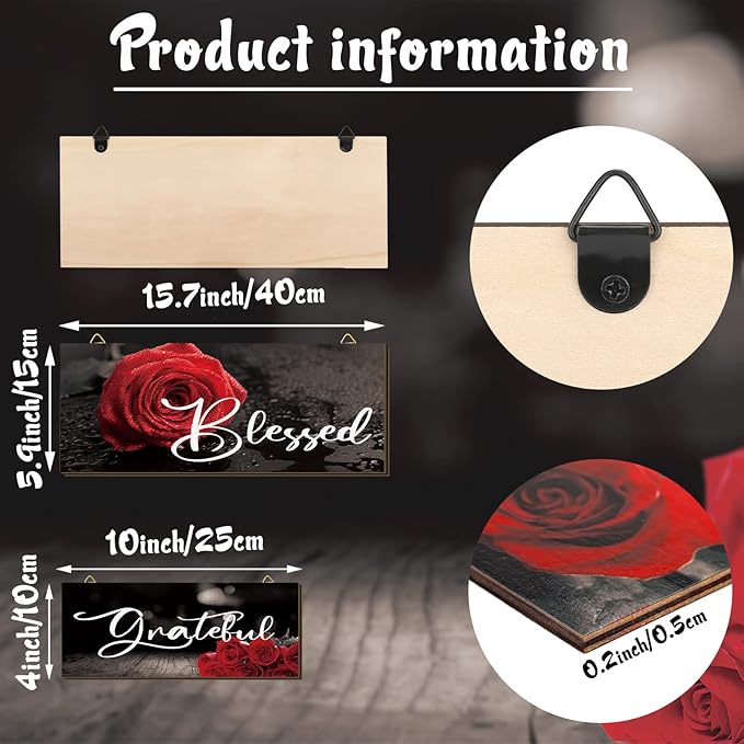 Hillban 3 Pieces Rose Wooden Wall Decor Rose Bathroom Decor Thankful Grateful Blessed Accessories Inspirational Wall Art Signs for Living Room Kitchen Wedding(16 x 6 Inch,Red)