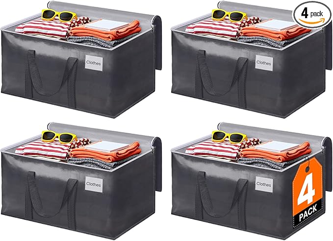 4 Pack Moving Bags Heavy Duty, Moving Boxes, Storage Bags with Zipper & Handles & Tag for College & Dorm Moving Supplies Grey Laundry Hamper Bag, Foldable Space-saving Totes (76L, Grey)
