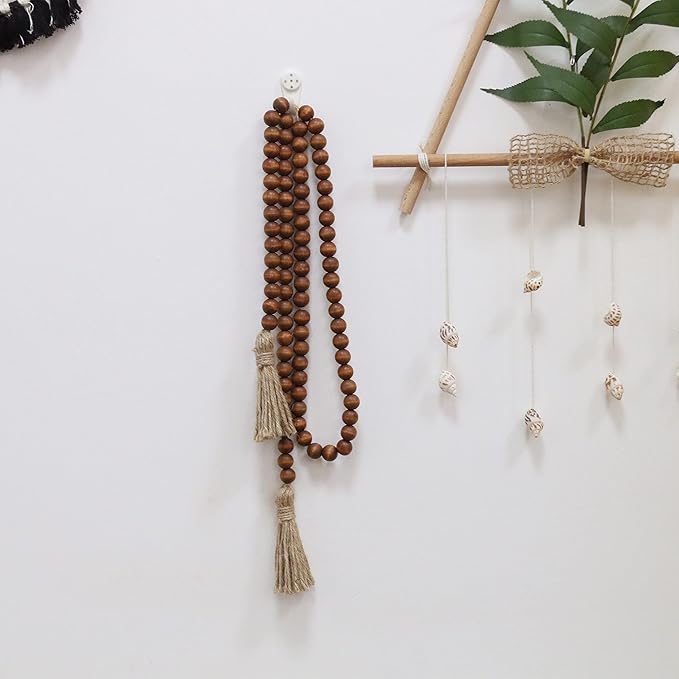 58in Wood Bead Garland with Tassels, Farmhouse Rustic Country Decor Prayer Boho Wall Hanging Decoration (Brown)