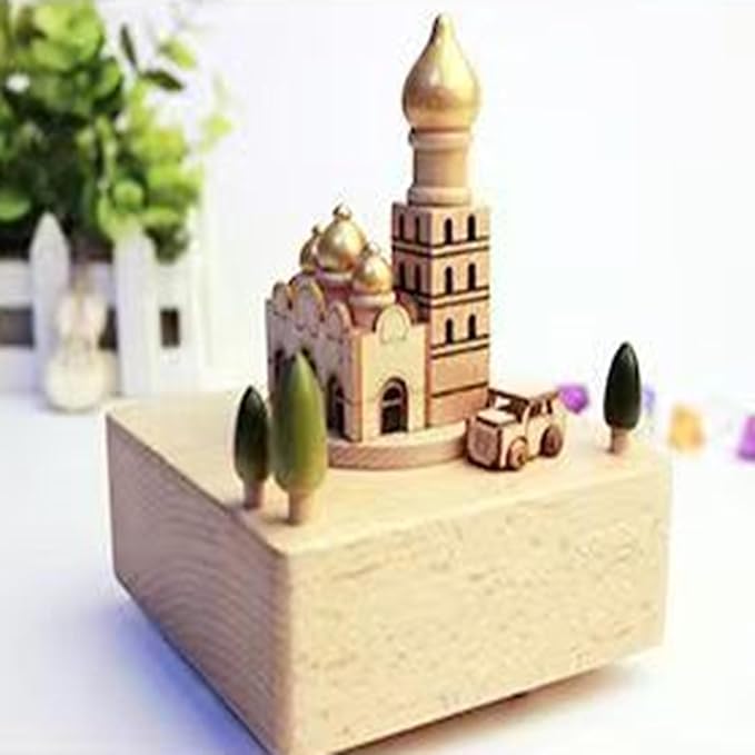 Natural Solid Wood Handcrafted Beech Wooden, Musical FigureTotoro/Carousel/Fairy/Ballerina Figurine,Rotating Hand Crank Mechanism Music Box,Musical Decorations (Church)