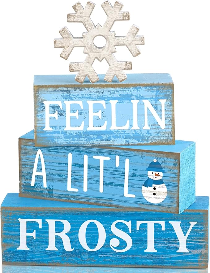 Yuntau 4 Pcs Winter Wooden Tabletop Decor Christmas Snowflake Tiered Tray Decor Rustic Wood Block Sign Gift Winter Centerpiece for Shelf Office Farmhouse Table Frozen Birthday Party Decoration