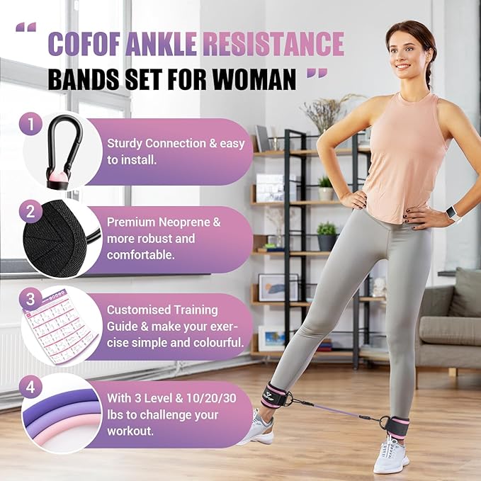 Ankle Resistance Bands with Cuffs, Ankle Bands for Working Out, Kickbacks Hip, Leg Glute Exercise Equipment with Training Poster, Resistance Workout Equipment for Women