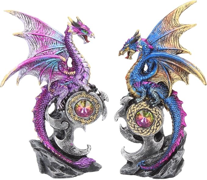 Nemesis Now Realm Protectors Dragon Figurines, Set of Two, Hand-Painted Resin, Fantasy Crystal Ornaments Collectible Decor, 15cm