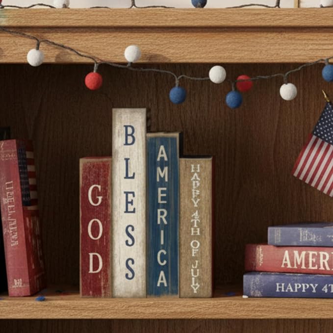 Lineshading 4 Pcs Patriotic Table Decorations Glod Bless American 4th of July Tiered Tray Decor 250th Anniversary Wooden Book Red White and Blue Memorial Day Centerpiece Decorations for Home Shelf