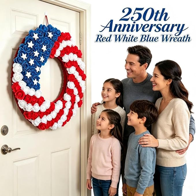 4th of July Decorations Outdoor Patriotic Wreaths for Front Door 250th Anniversary Decorations Red White and Blue American Flag Wreath (Red White Blue 2)