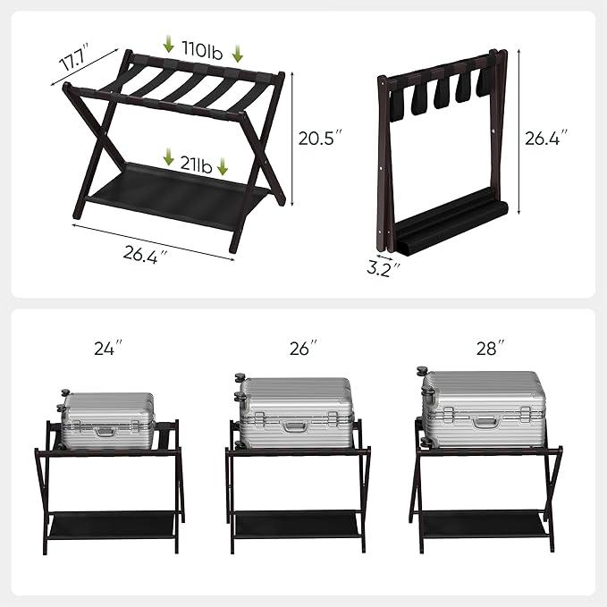 Luggage Rack, Folding Luggage Rack for Guest Room, Brown Bamboo Suitcase Stand Holds up to 131 lb, Luggage Stand with Storage Shelf for Hotel, Bedroom (1 Pack)