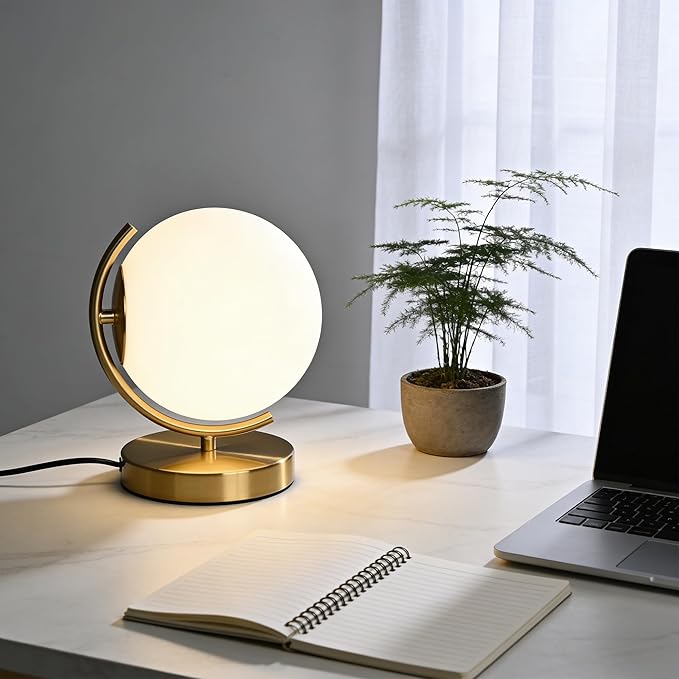 Gold Modern Globe Table Lamp with 7.1'' Glass Goble Shade Mid Century Table Lamps Desk lamp Metal Standing lamp for Bedroom Living Room Office