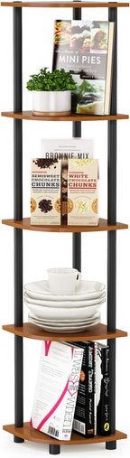 Furinno TURN-N-TUBE Corner Shelf, 5-Tier Corner Bookshelf, Open Storage Shelves, for Organization and Storage, Living Room, Home Office, Garage, Bedroom, Light Cherry