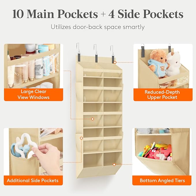 Lifewit 1 Pack Over the Door Organizer, Clear Window Hanging Storage with 4 Side Pockets, Anti Tilt 40 lbs Load Behind Door for Pantry, Nursery, Bathroom, Bedroom, Dorm, 10 Section, Beige
