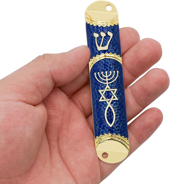 Mezuzah with Scroll for Door, Metal Mezuzah Case with Messianic Seal for Hebrew Home Blessing, Jewish Gifts, Jewish House Warming Decor, Christmas, Easter (Blue)