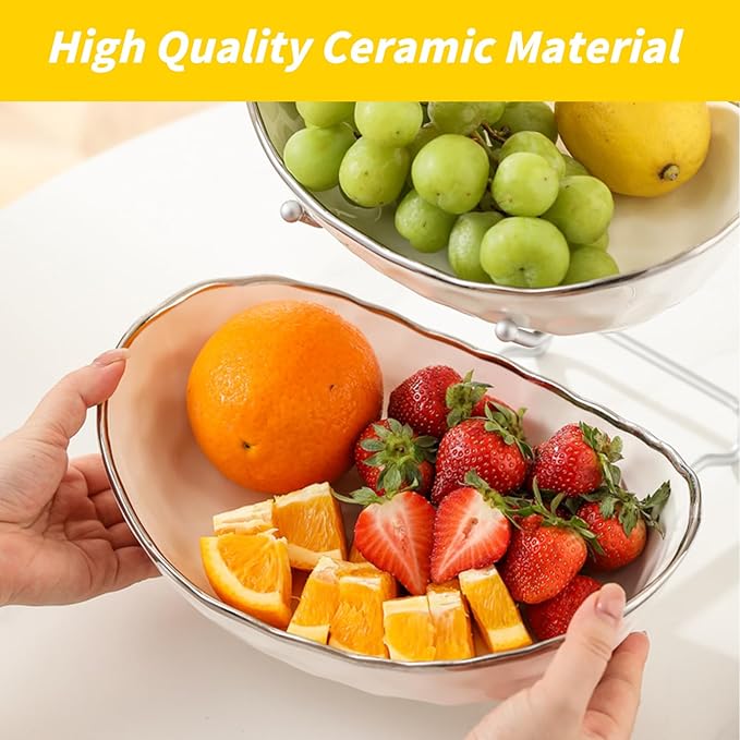 jessie 2 Tier Ceramic Fruit Bowl for Kitchen Counter with Metal Rack, Fruit Basket with Stand, Porcelain Bowls for Vegetable Bread Candy Snack Nuts Dessert Cake Tray (Silver 2 layer)