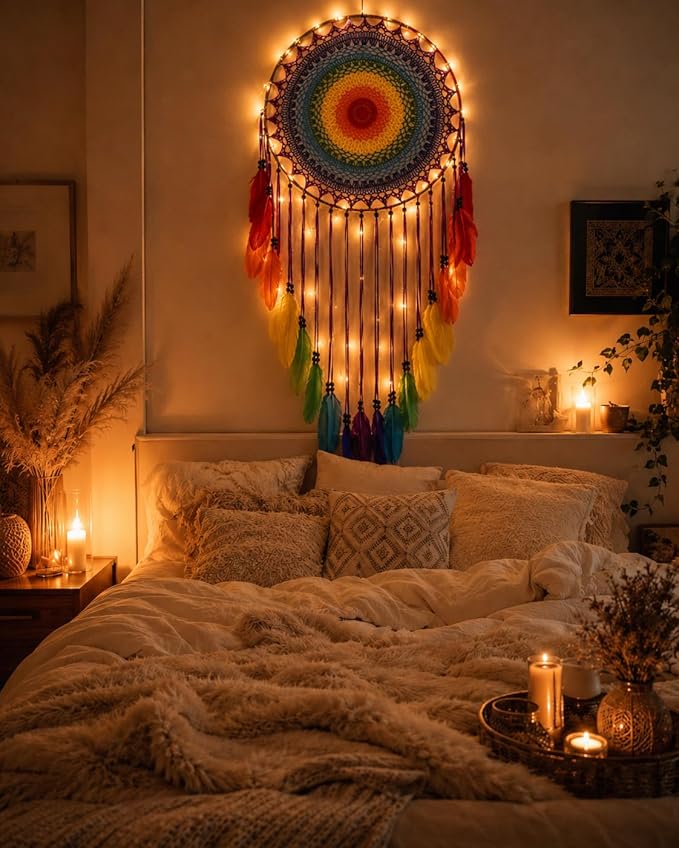 Boho Wall Decor for Bedroom, Large Macrame Dream Catcher, Aesthetic Room Decor for Women Girls, Cozy Hanging Decor for Apartment Nursery