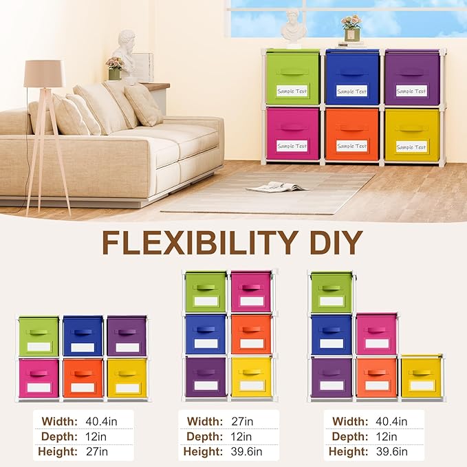Geelin 6 Cube Toys Storage Organizer with Fabric Bins and Labels, 11 Inch Collapsible Cubby Storage Drawers Colorful Dresser with Shelf for Playroom Nursery Closet Bedroom Dorm Decor