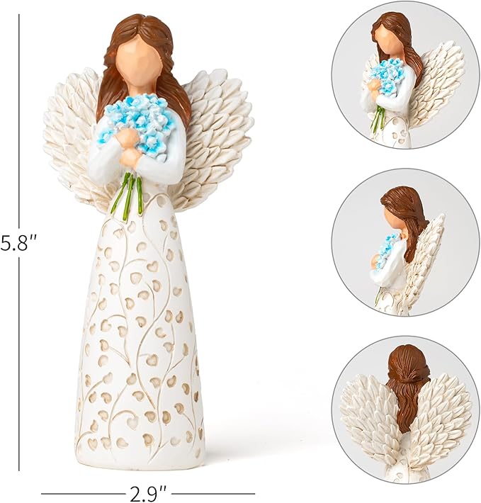 Decorative Angel Figurine with Forget-Me-Not Bouquet, White Dress with Leaf Pattern, Tree of Life Design - Collectible Sculpture for Mom Gifts, Forget Me Not Gifts for Women(Blue Flower)