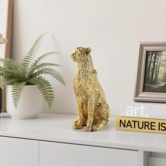 Cheetah Statue for Home Decor, 8" Resin Sitting Leopard Sculpture, Gold Desktop Decoration for Living Room, Dining Room, Office,Shelves, Tv Stand, Coffee Table or Entry Way