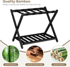 Fully Assembled Black Luggage Rack for Guest Room, Bamboo Foldable Suitcase Stand with 5 Nylon Straps, Upgraded Luggage Rack Holder with Shelf for Bedroom Hotel, Holds up to 165 Lbs, 1pcs