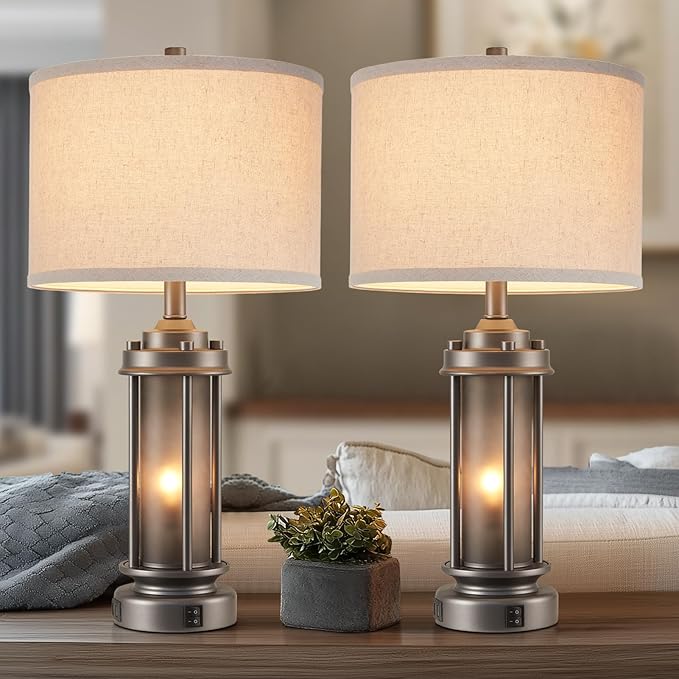 AIEAMPDO Industrial Metal Table Lamps Set of 2 Living Room Bedroom, 2 USB Ports Bedside Lamp with Glass Nightlight, Modern Desk Lamp for Entryway Office End Table, 4 Bulbs Included