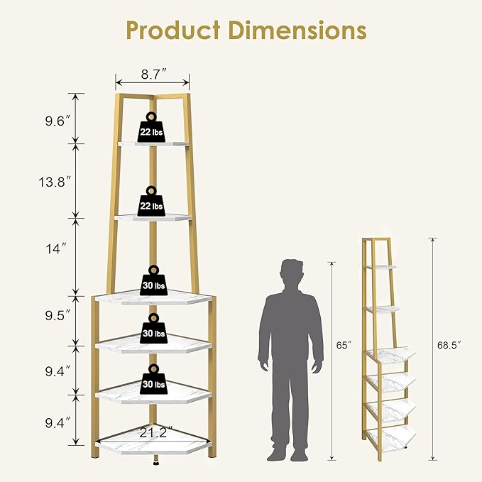 VECELO 6 Tier Corner Shelf 69 Inch Industrial Bookshelf with Metal Frame, Multipurpose Tall Plant Stand with Opening Display Shelves for Living Room, Bedroom, Home Office, Small Space, Gold